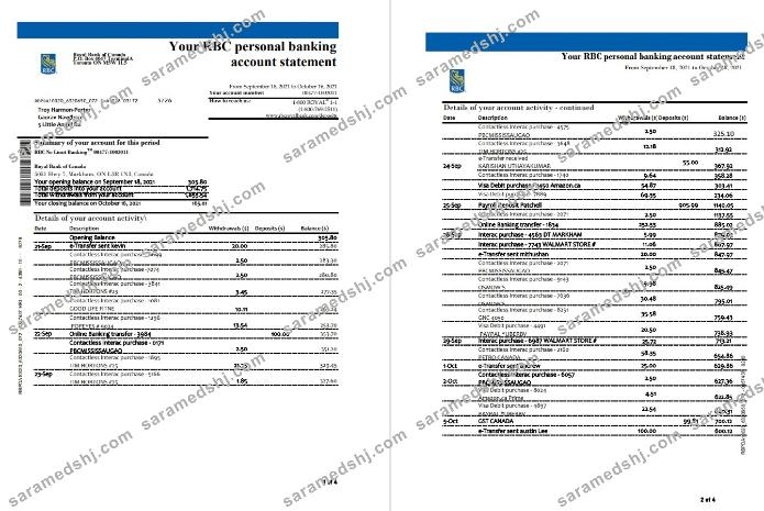 Canada Royal Bank of Canada (RBC) bank statement template in .xls and .pdf file format (4 pages) (AutoSum)